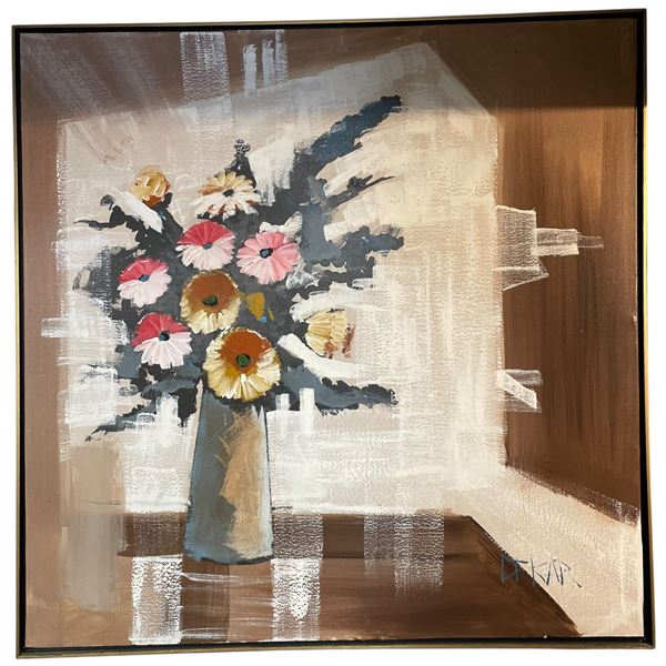 Large Cheerful Painting on Canvas of Still Life Flowers - Signed  Dekar (37"  x 37")