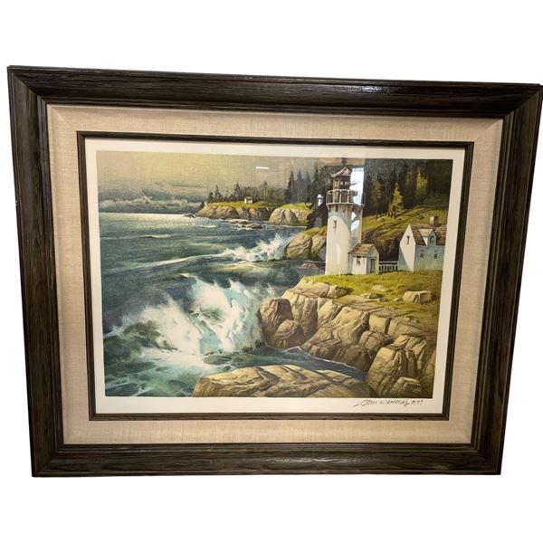 1977 Lithograph "New England Lighthouse" By Tom Nichols (Exterior frame dimensions: 21" x 25")