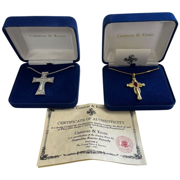 2 Camrose & Kross JKB Necklaces - 2" Silver-Tone Cross * 1.75" Gold-tone Cross  - In original cases 