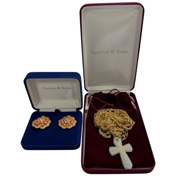 Camrose & Kross 28" Triple Strand Cross Necklace & Pair of Clip On Earrings - Original Boxes with CO