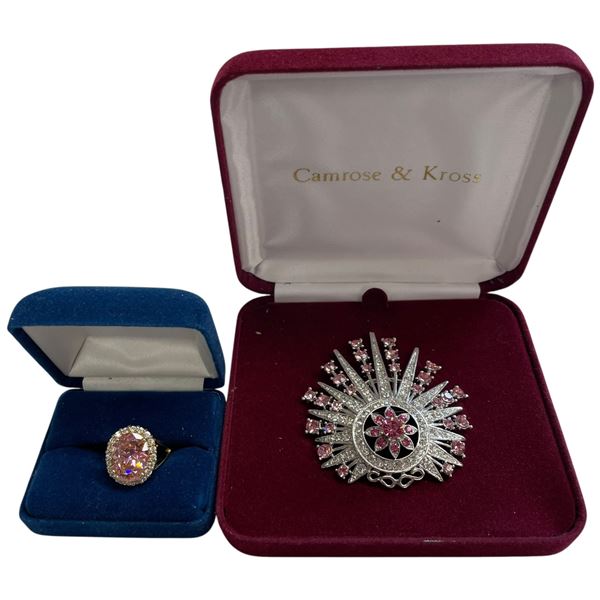 Gold Plated Sterling Silver JBK Crystal Ring (Size 8) & 3" Pink & Clear Crystal Brooch - In Original