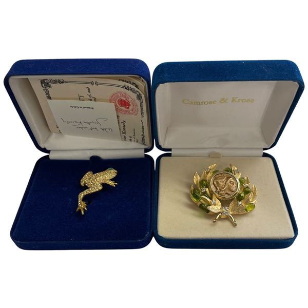 2 JBK Brooches by Camrose & Kross - Gold-Tone & Crystal Frog and Greek Revival Wreath - In Original 