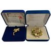 Image 1 : 2 JBK Brooches by Camrose & Kross - Gold-Tone & Crystal Frog and Greek Revival Wreath - In Original 