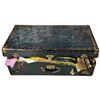 Image 2 : Vintage Metal Clad Storage Trunk and Contents - Household Fabric Items (Trunk is 17" x 30" x 11" tal