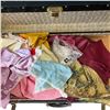Image 3 : Vintage Metal Clad Storage Trunk and Contents - Household Fabric Items (Trunk is 17" x 30" x 11" tal