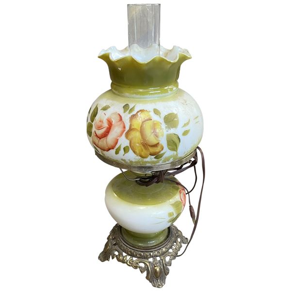 Vintage Electric Hurricane Style Lamp with Hand Painted Glass Shade and Base