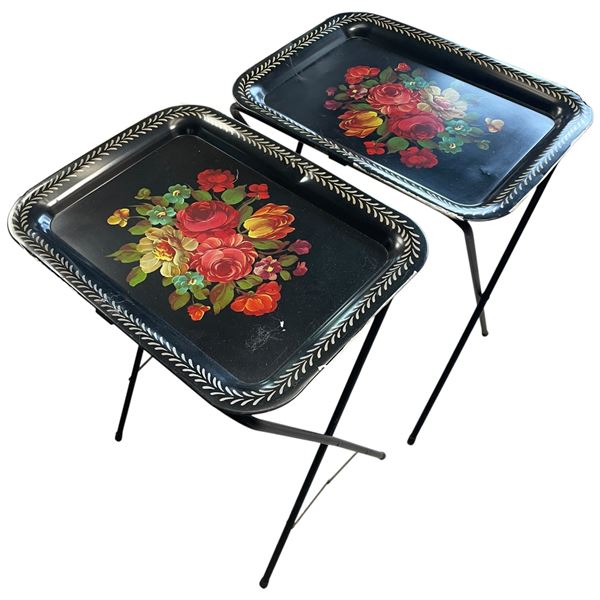 Pair of 1950s Folding Metal TV Tables with Floral Design
