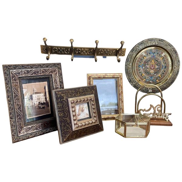 Group of Picture Frames, Wall Hook, Brass Plate from Mexico and more