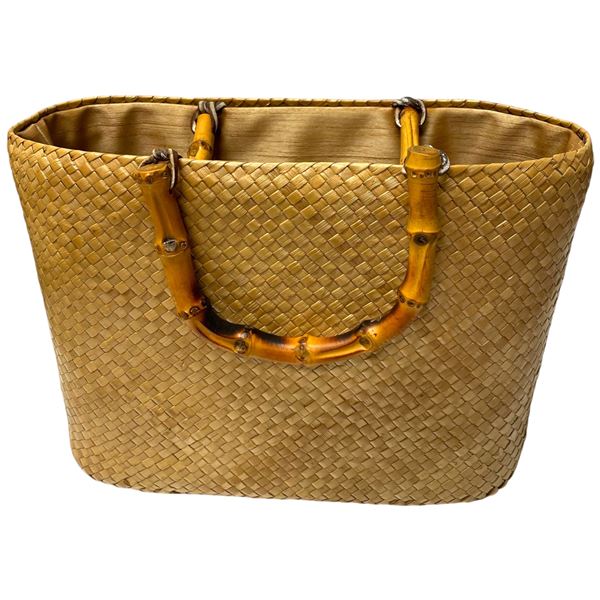 Woven Straw Bag with Bamboo Handles - 5" x 12" x 9" tall