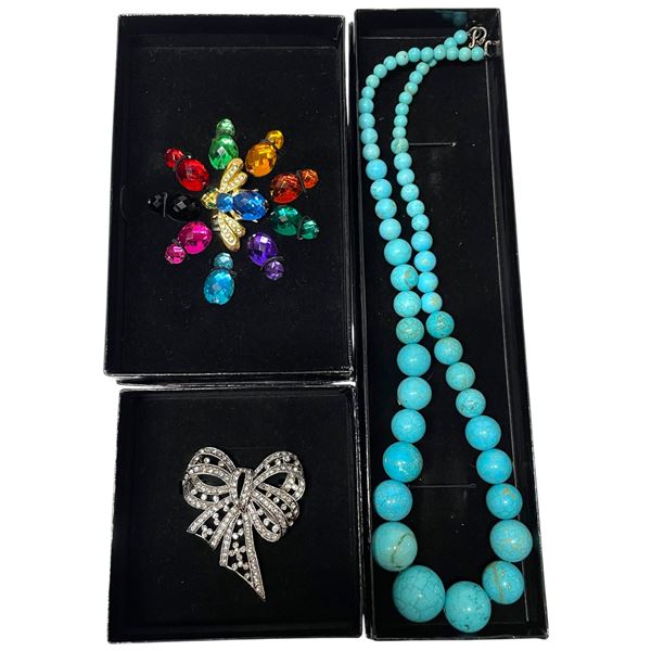 Joan Rivers Necklace, Rhinestone Bow Brooch & Bumble Bee Brooch with Alternate Body Colours
