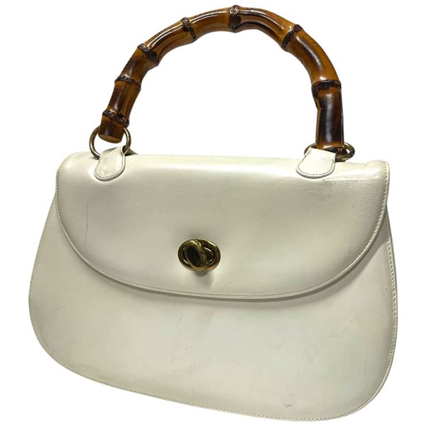 1960s Mel-Ton Beige Structured Handbag with Faux Bamboo Handle (3" x 10" x 7" tall)
