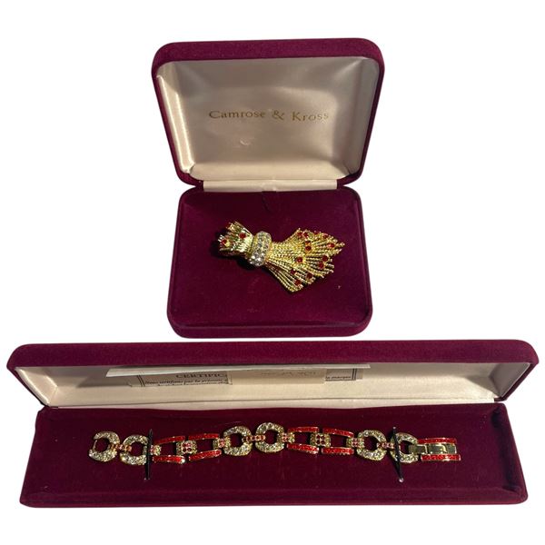 JBK Red & Clear  Crystal and Enamel Bracelet & Brooch by Camrose  & Kross in Original Cases with COA