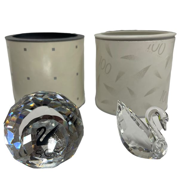 Swarovski Crystal 2" Globe with SCS Logo & 1" Swan - Both in Original Boxes