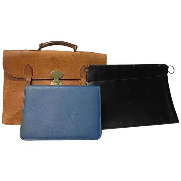 Vintage Brown Leather Briefcase, Black Zippered Folio & Blue Stationary Case