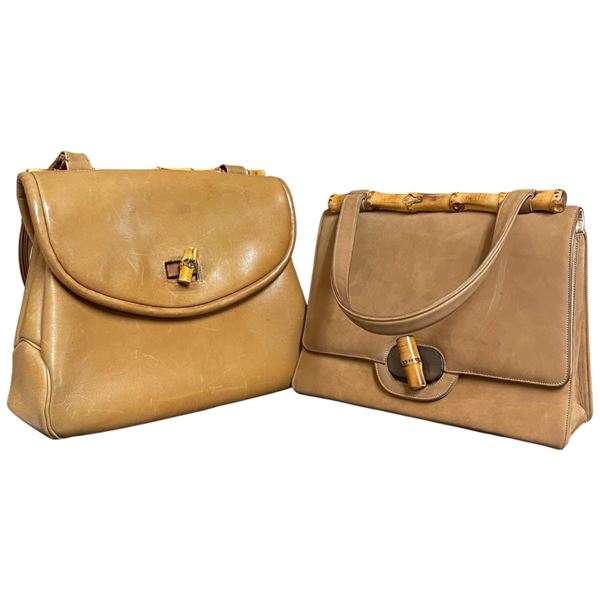2 Vintage Brown Suede & Leather Handbags with Bamboo Clasps - The smaller is labelled Saks Fifth Ave