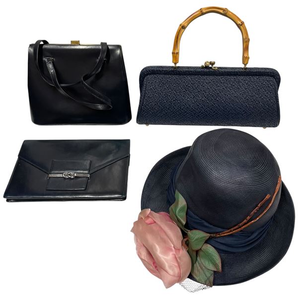 3 Vintage Navy Blue Purses & 1 Navy Blue Hat - Variety of Materials