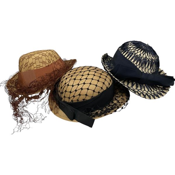 Ladies 3 Vintage Summer Hats with Netting * The black trimmed hat is Saks Fifth Avenue