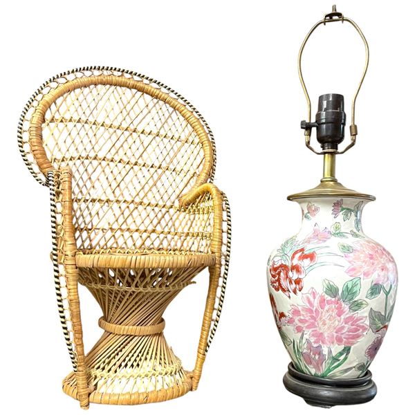 Ceramic Peony Pattern Lamp & Bamboo Doll Chair - No Lamp Shade