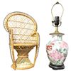 Image 1 : Ceramic Peony Pattern Lamp & Bamboo Doll Chair - No Lamp Shade