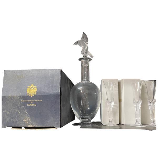 6 Igor Carl Faberge "Snow Doves" Crystal Cordial Glasses & "Snow Doves Decanter - New in Boxes
