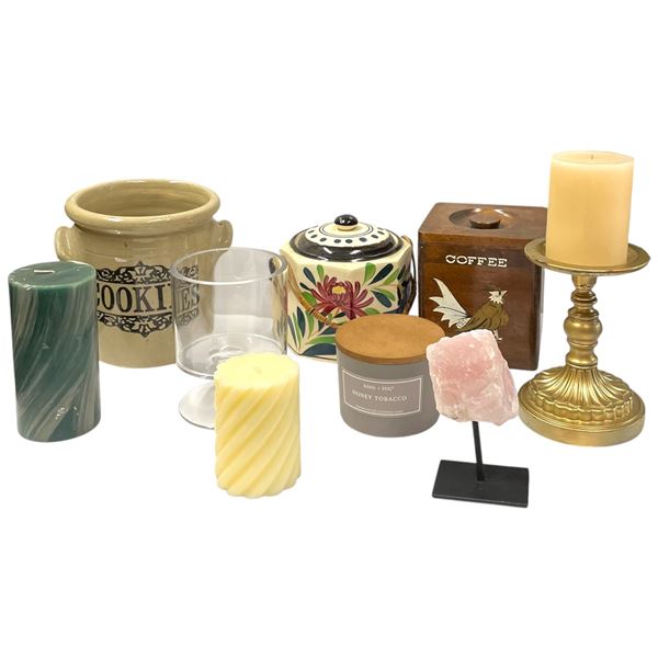 Group of Candles, Containers, Vase & Himalayan Crystal