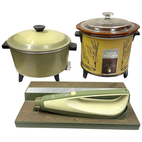 2 Vintage Crock Pots and 1 Electric Knife