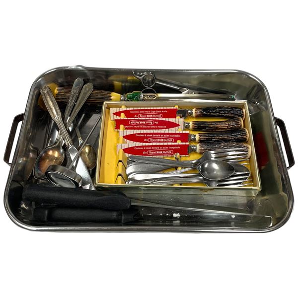 Group of Kitchen Items in a Metal Tray