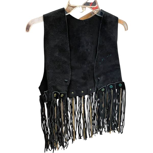 Small Black Suede Vest with Suede & Chain Fringe - Measures 12" across the back