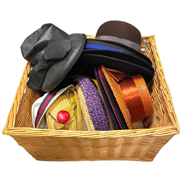 Wicker Basket Full of Men's & Women's Hats - Some Vintage - Wide Variety of Materials