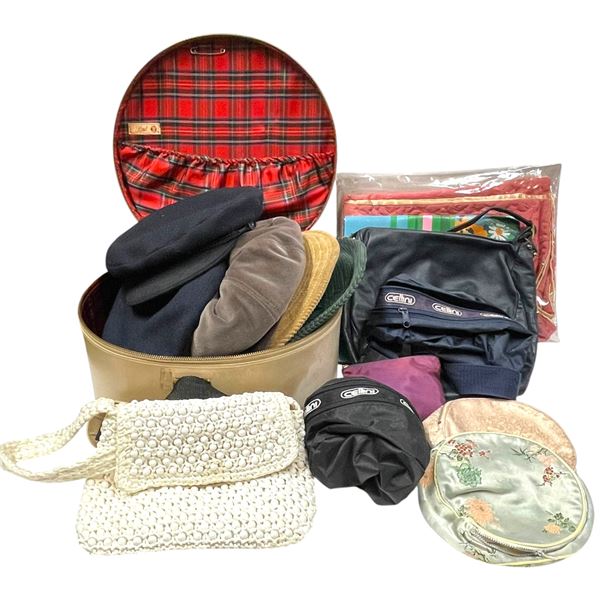 Shelf Lot of Caps, Purses and More - Includes the Vintage Hat Box