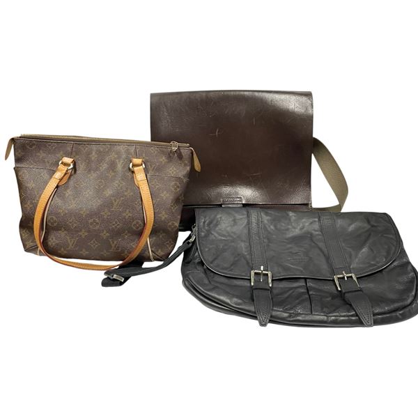 Black Satchel (Burberry Logo), Purse with LV Logo and Brown Leather Messenger Bag