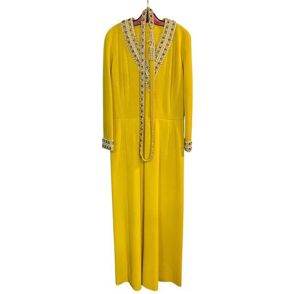 1960s Yellow Evening Gown with Embellished Collar, Cuffs & Belt - Reminiscent of Valentiono Garavani