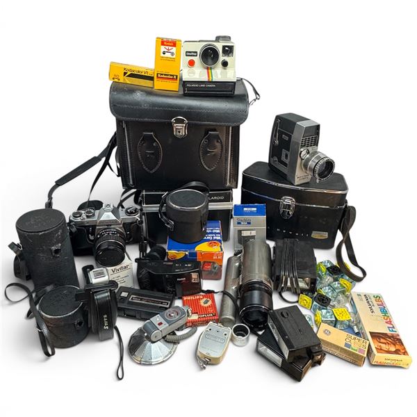 Mixed Vintage Camera & Photographic Equipment Lot: Pentax, Bell & Howell, Polaroid, Kodak and More