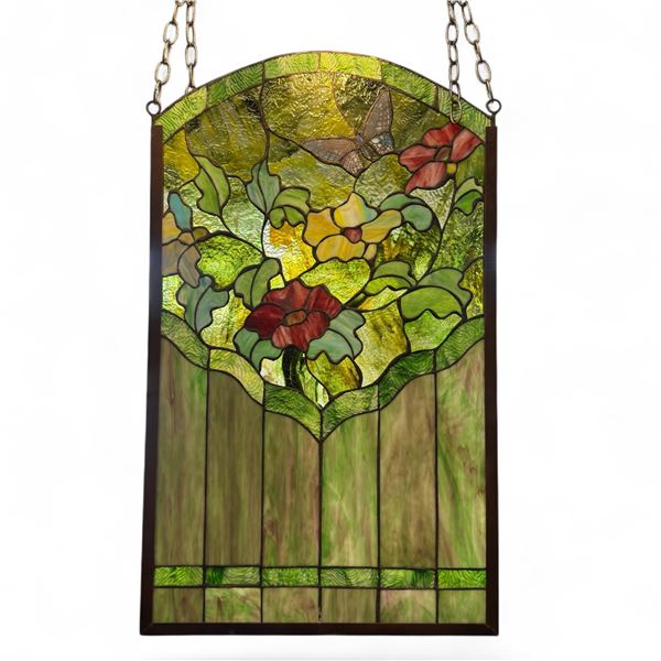Hanging Floral Stained Glass Panel Flowers & Butterfly Design Textured Glass