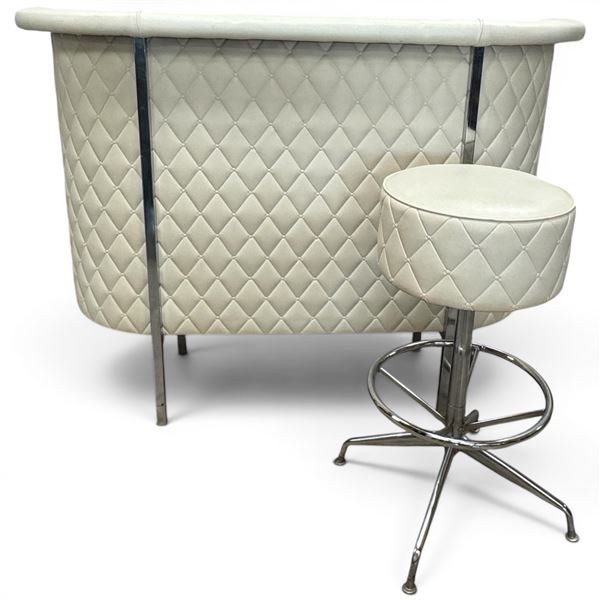 Vintage White Vinyl Tufted Bar with Chrome Accents & Matching Stool 1960s Style