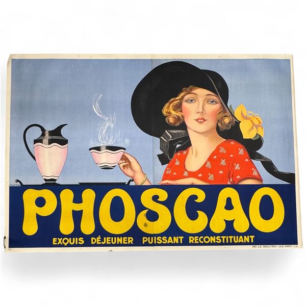 Original Art Deco Phoscao French Breakfast Drink Poster by Maud Traub Canvas Backed 92x62.5"