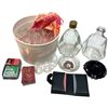 Image 1 : Party Lot - Pail of Shot Glasses, Empty Bottles, Ashtrays, and Playing Cards