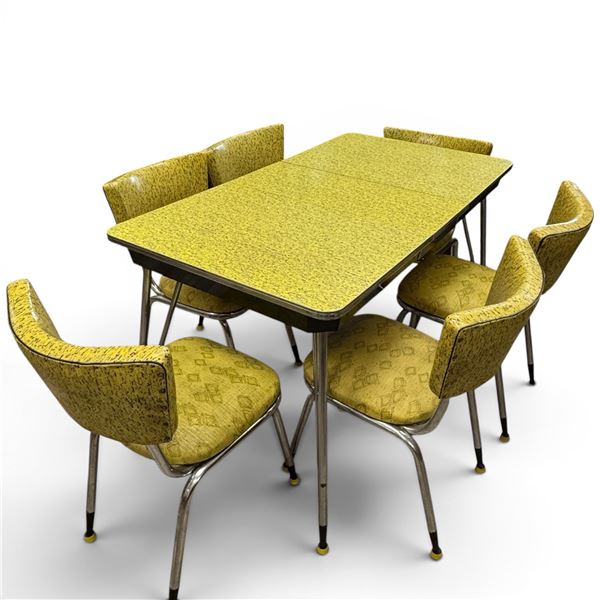 1960s Yellow Vinyl & Chrome Dining Room Table with 6 Chairs Mid-Century Modern