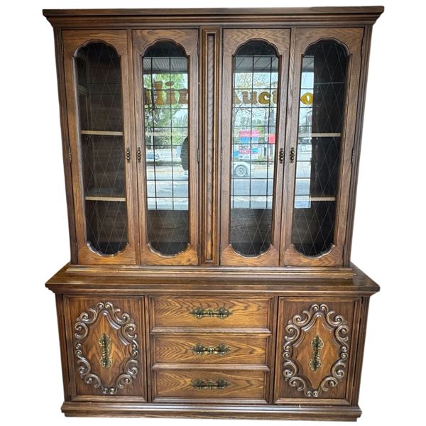 Vintage Oak Veneered China Cabinet Hutch with Glass Doors 63x18.5x79" Two Piece