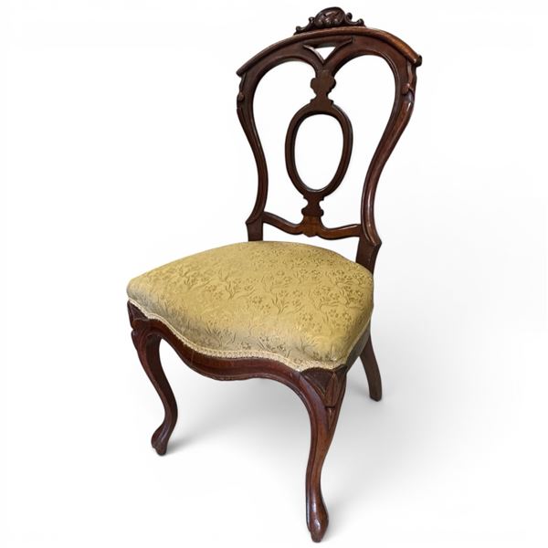 Vintage Victorian Mahogany Side Chair Balloon Back, Upholstered Fabric and Cabriolet Legs Seat 18"