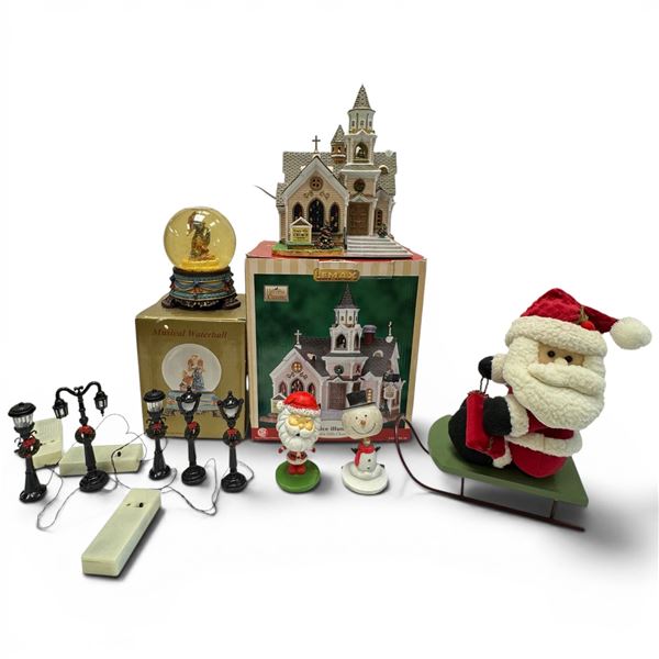 Collection of 8 Christmas Village Buildings, Snow Globe and Decorations: Lemax Church is 8.5" Tall
