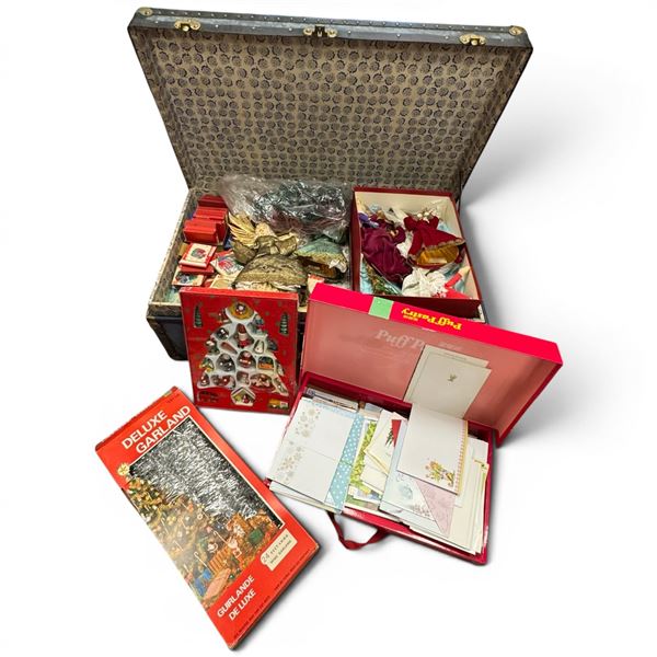 Blue Steamer Trunk Filled with Assorted Vintage Christmas Decorations and More