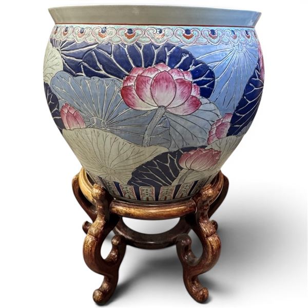 Vintage Qing Dynasty Style Porcelain Fishbowl Planter Diameter 15" & 20" Tall with Stand