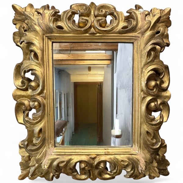 Antique Gilded Mirror Rococo Style Hanging Wall Mirror with Acanthus Leaf Details 23x25"