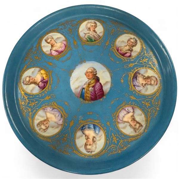 Vintage French Sèvres Porcelain Bleu Céleste Charger Featuring Lois XVI & His Court Ladies 19" Dia