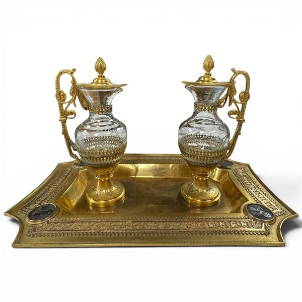 Antique Glass and Brass with Vermeil (Gold Plated) Finish Liturgical Cruet Set and Tray