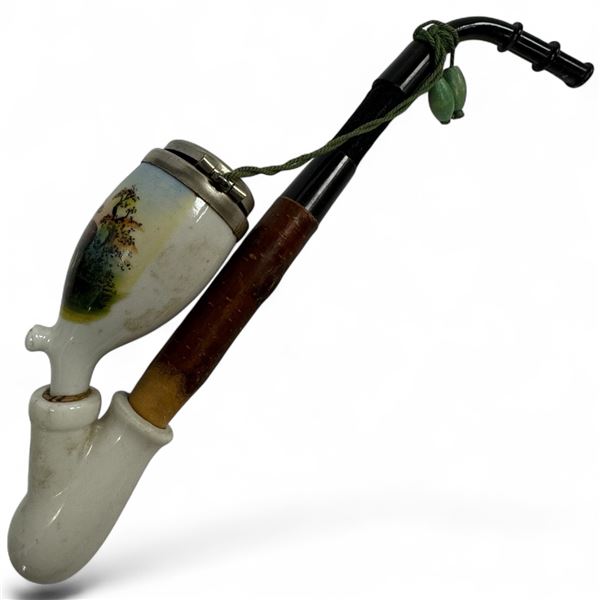 Vitnage German or Austrian Porcelain Bowl Hunting Pipe with Hand Painted Stag Motif 9" Long