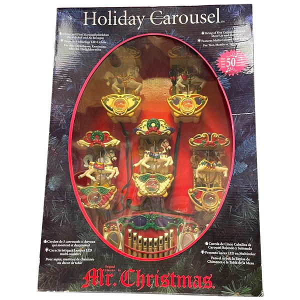 1992 Mr. Christmas Holiday Carousel Set with Animated Horses - Plays Christmas Carols and has LED li