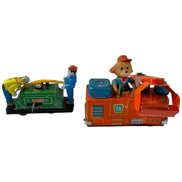 1950s-60s Japanese Tin Toys "Shuttle Dog Train" & "Tom & Dick Railroad Handcar" - As found condition
