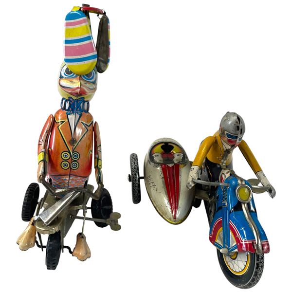 2 Vintage Wind-Up Tin Litho Toys "Duck on a Trike" & "Motorcycle with Sidecar"